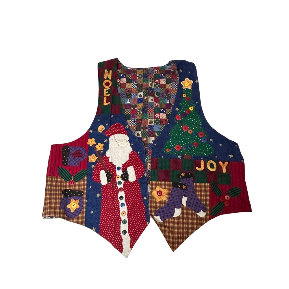 Vintage Christmas Vest Women's Multicolor Patchwork Santa Snowman Noel Joy